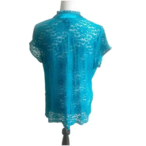 Lane Bryant Lace & Satin Trim Short Sleeve Button Down Blouse Y2K 18/20 - Picture 2 of 10